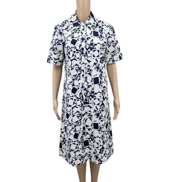 Vintage Homemade Geometric Patterned Shirt Dress Blue White - Picture 1 of 14